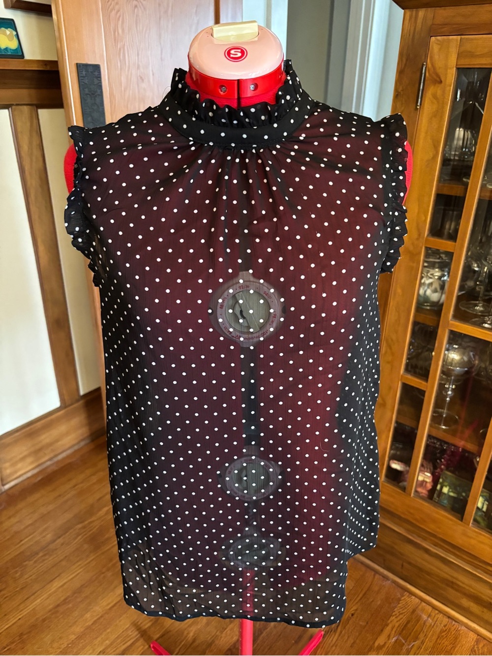 Who What Wear Black Sheer Polka Dot Ruffle Mock Neck Blouse